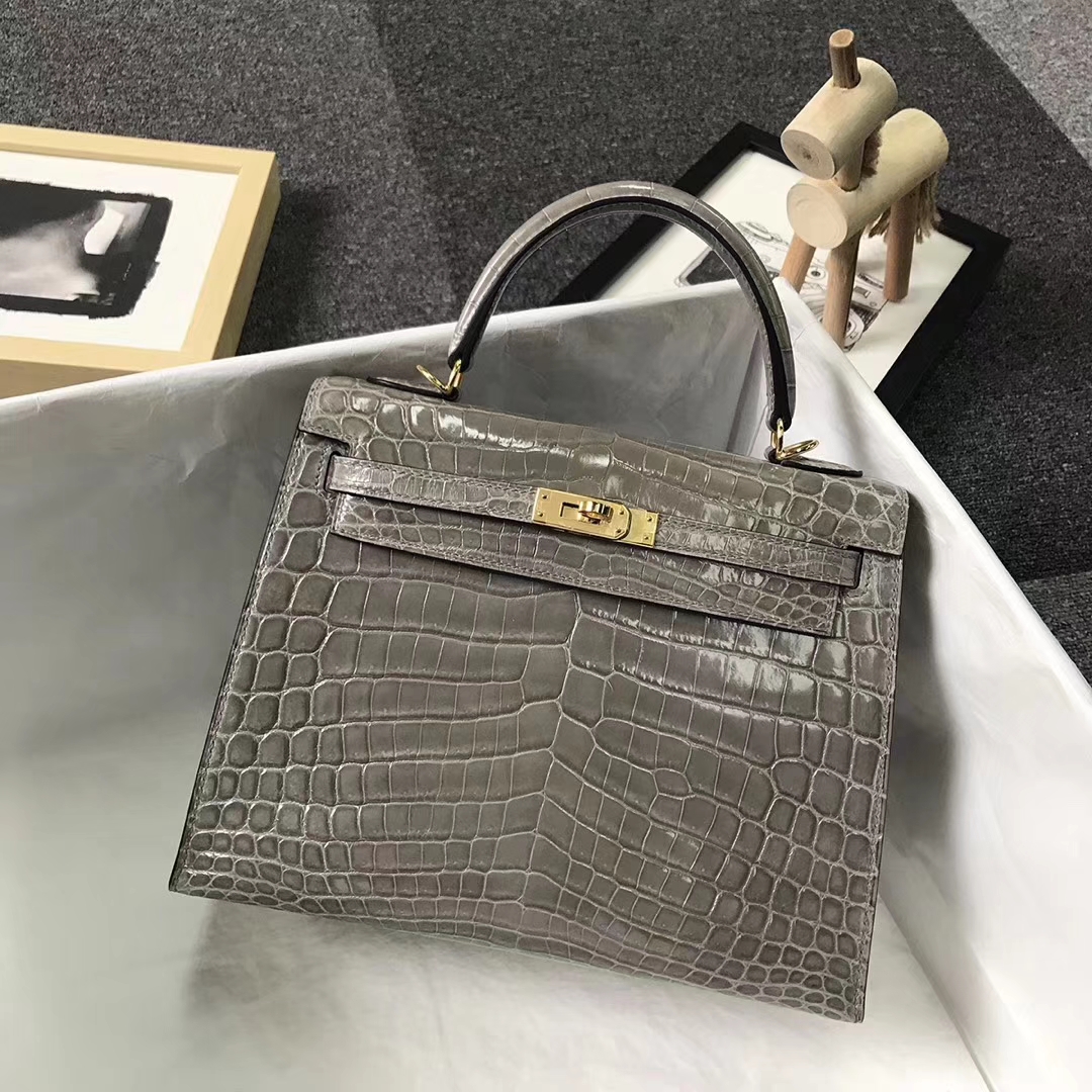 hermès(爱马仕)斑鸠灰 鳄鱼皮 kelly 28 金扣 外缝 全手工