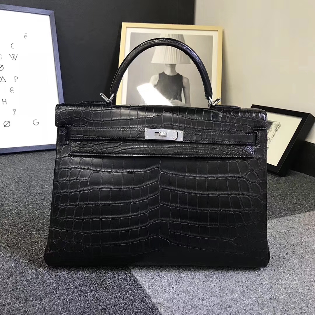 hermès(爱马仕)黑色 原厂御用顶级鳄鱼皮 kelly 35 内缝 银扣