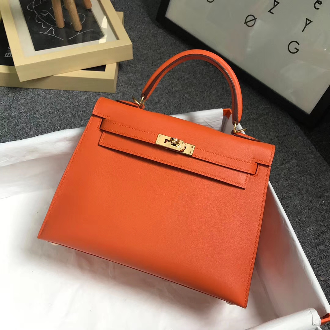 hermès(爱马仕)经典橙色 原厂御用顶级swift 皮 kelly 25 外缝 金扣